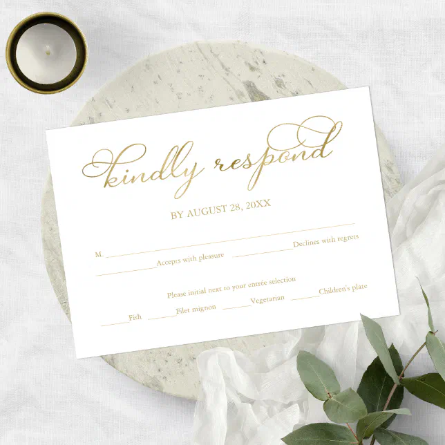 Simple Elegant Gold Foil Script Wedding RSVP Card | Zazzle