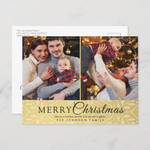 Simple Elegant Gold Frame 2 Photo Christmas Holiday Postcard