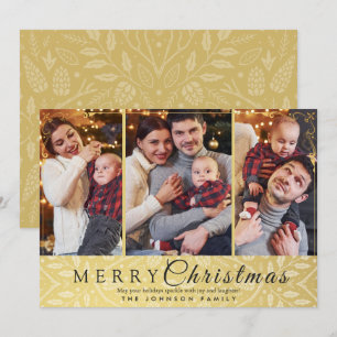Simple Elegant Gold Frame 3 Photo Christmas Holiday Card