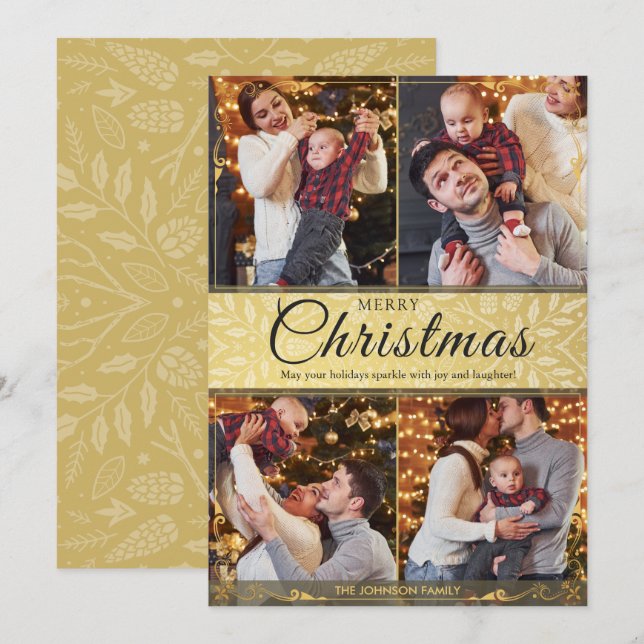 Simple Elegant Gold Frame 4 Photo Christmas Holiday Card (Front/Back)