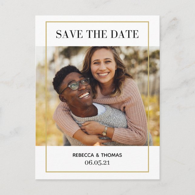 simple elegant gold frame photo save the date announcement postcard (Front)