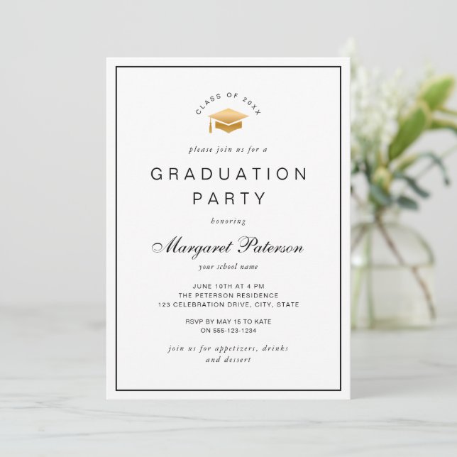 Simple Elegant Gold Grad Cap Graduation Party Invitation (Standing Front)