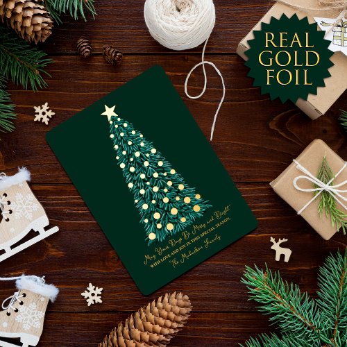 Simple Elegant Gold Green Christmas Tree Foil Holiday Card