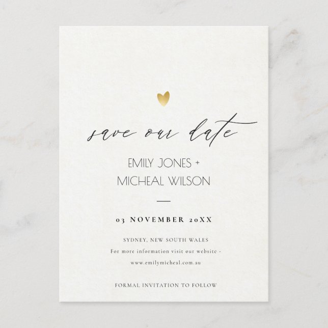 SIMPLE ELEGANT GOLD GREY TYPOGRAPHY  SAVE THE DATE ANNOUNCEMENT POSTCARD (Front)