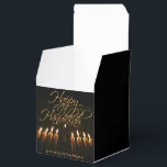 Simple Elegant Gold Happy Hanukkah BlackGift Box<br><div class="desc">These beautiful gift boxes are a wonderful way to wish your friends and family a Happy Hanukkah. Features a simple yet elegant design with an artistic photograph of a burning menorah on a black background with lacy gold lettering and a space for a name or signature.</div>