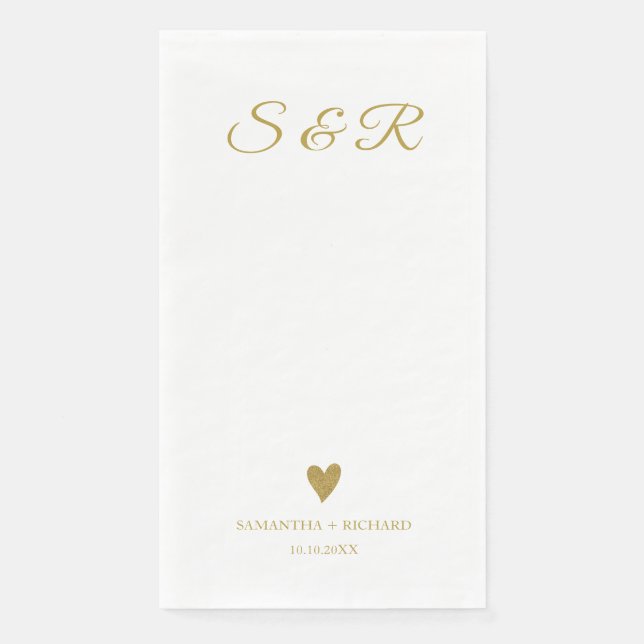 Simple Elegant Gold Heart Monogrammed Wedding  Paper Guest Towels (Front)