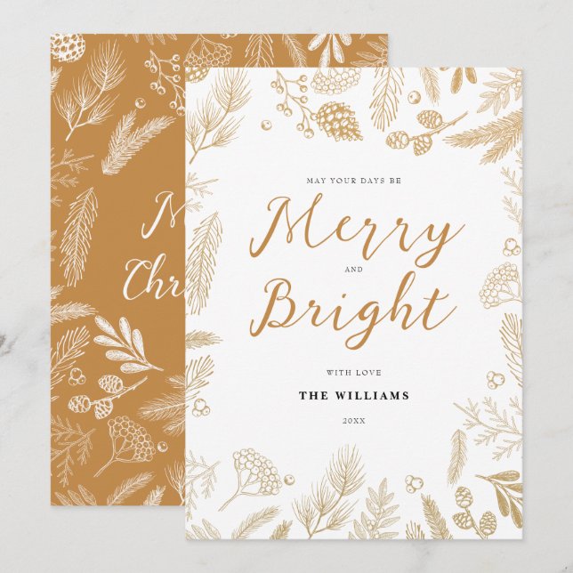 Simple Elegant Gold Merry and Bright Christmas Holiday Card (Front/Back)