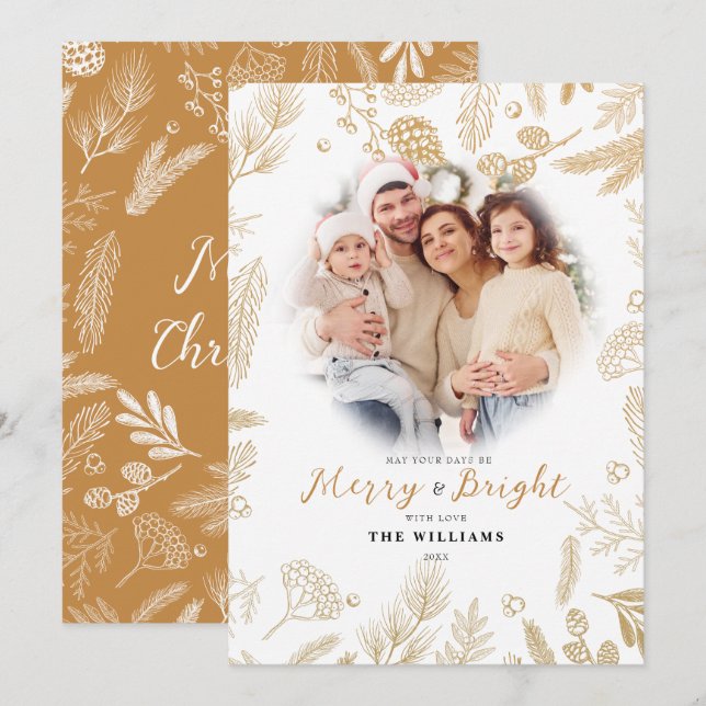 Simple Elegant Gold Merry & Bright Photo Christmas Holiday Card (Front/Back)