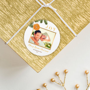 Simple Elegant Gold Merry Lemon Christmas Photo Classic Round Sticker