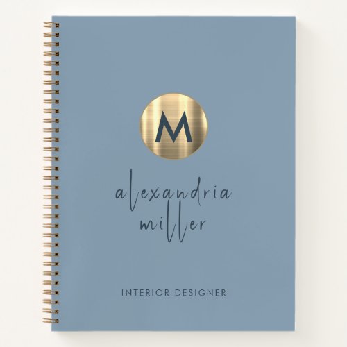 Simple Elegant Gold Monogram Dusty Blue Notebook