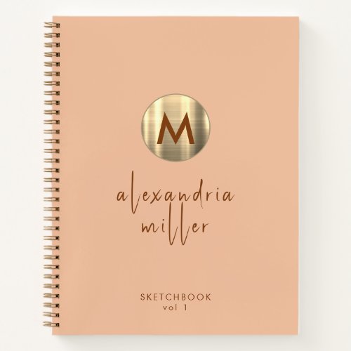 Simple Elegant Gold Monogram Peach Sketchbook Notebook