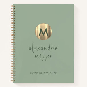 Simple Elegant Gold Monogram Sage Notebook