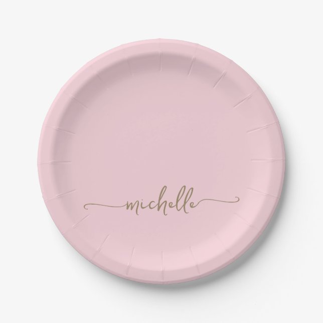 Simple Elegant Gold Monogram Script Blush Pink  Paper Plates (Front)