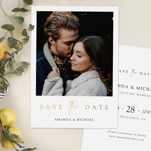 Simple Elegant Gold Photo Save the Date Wedding Foil Invitation