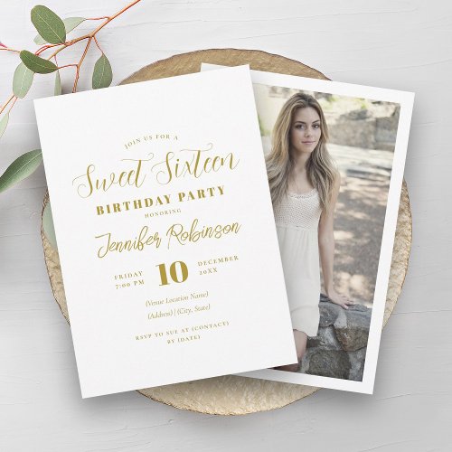 Simple Elegant Gold Photo Sweet 16 Sixteen  Invitation