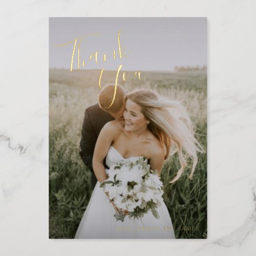 Simple Elegant Gold Photo Wedding Thank You Card