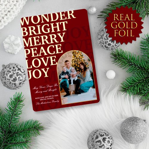 Simple Elegant Gold Red Typography Family Photo Foil Holiday Card