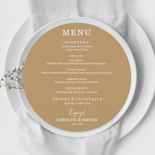 Simple Elegant Gold Round Wedding Dinner Menu