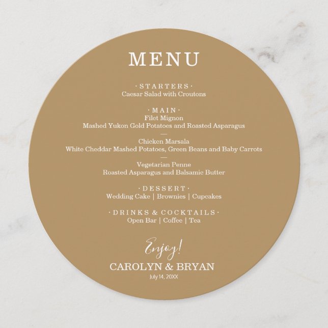 Simple Elegant Gold Round Wedding Dinner Menu (Front)