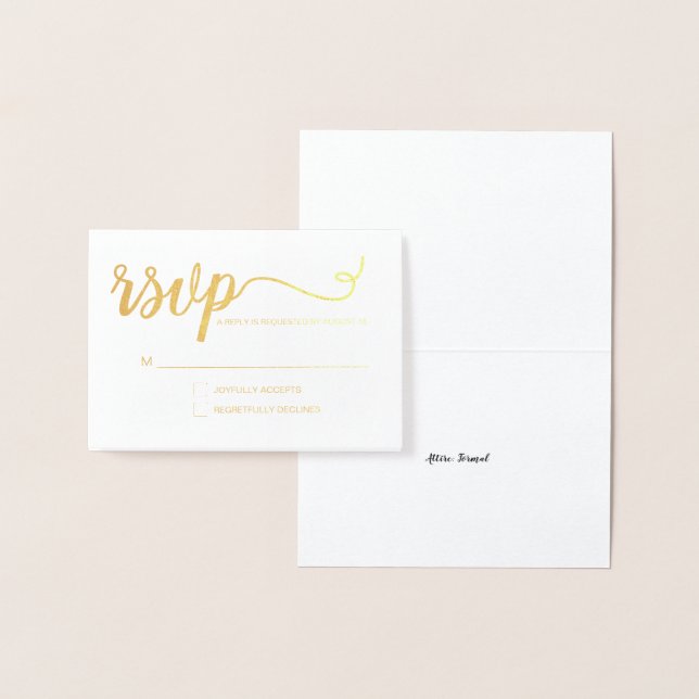 Simple Elegant gold RSVP script wedding Foil Card (Display)