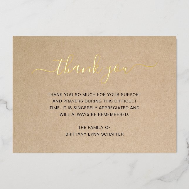 Simple Elegant Gold Rustic Funeral Thank You Card (Front)