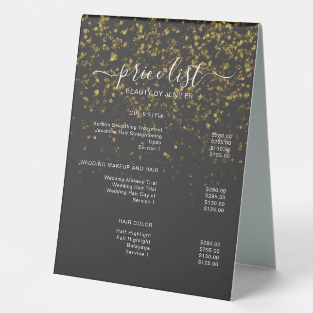 Simple Elegant Gold Salon Price List Table Tent (Front)
