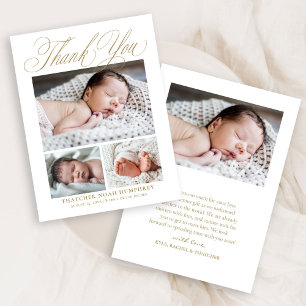 Simple Elegant Gold Script 4 Photo Baby Thank You Card