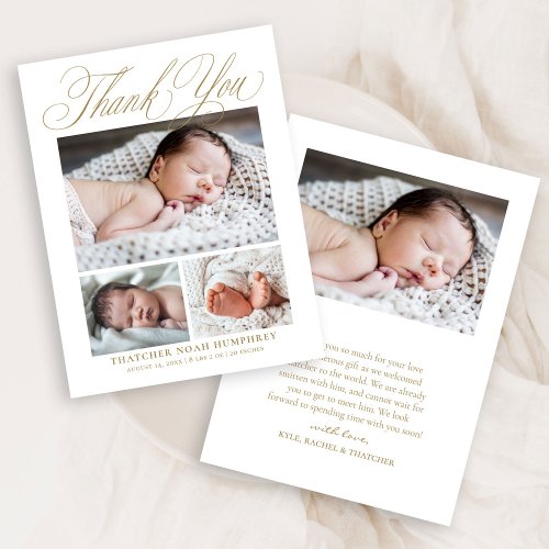 Simple Elegant Gold Script 4 Photo Baby Thank You Card