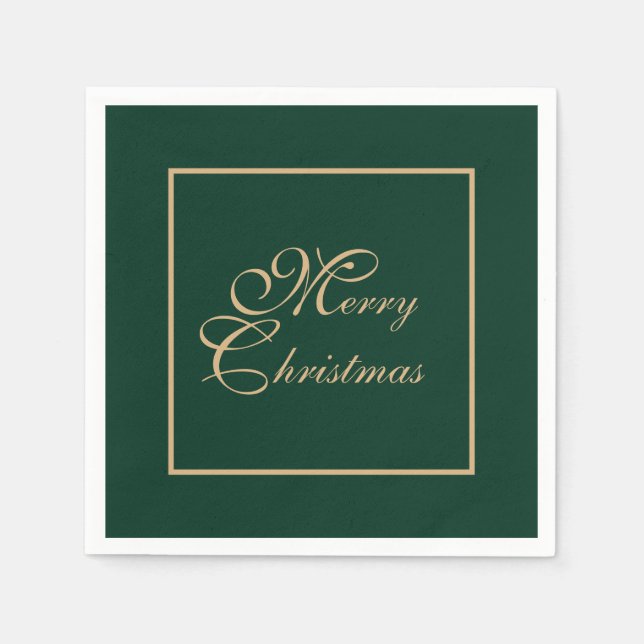 Simple Elegant Gold Script Green Christmas Paper Napkins (Front)
