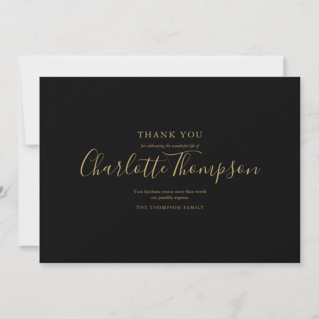 Simple Elegant Gold Script Memorial Funeral Thank You Card (Front)