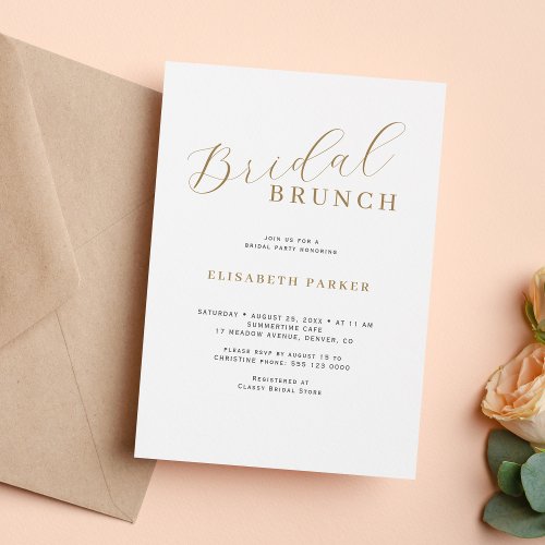 Simple elegant gold script modern bridal brunch invitation
