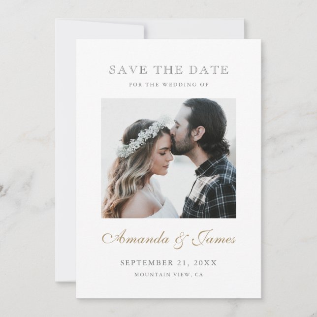 Simple Elegant Gold Script Photo Engagement Save The Date (Front)