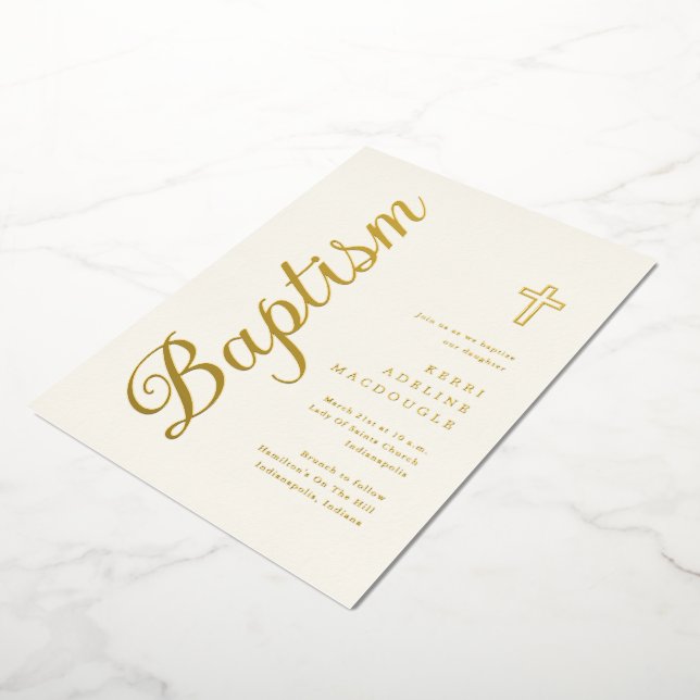 Simple Elegant Gold Script Soft Ivory Baptism Foil Invitation (Rotated)