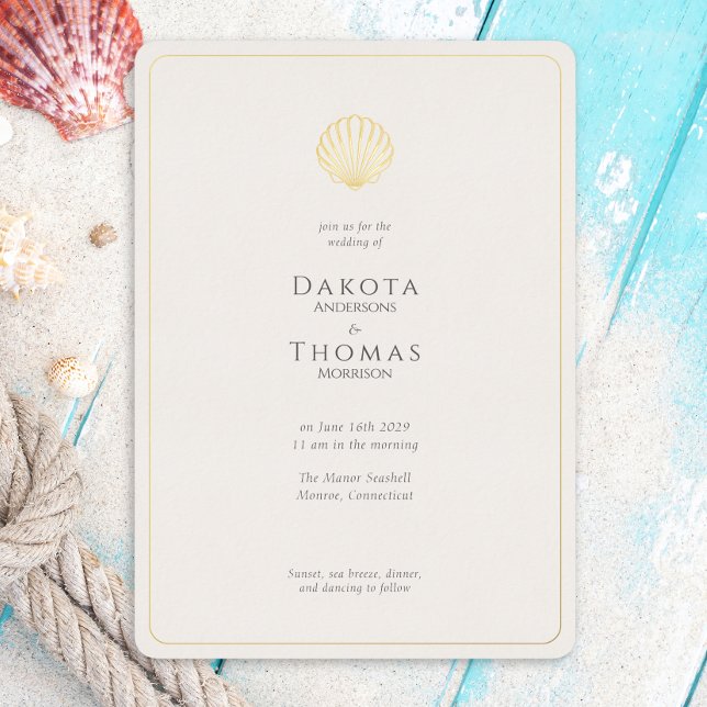 Simple Elegant Gold Seashell Wedding invitation Foil Invitation (Creator Uploaded)