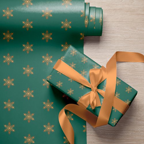 Simple elegant gold snowflakes green Christmas Wrapping Paper