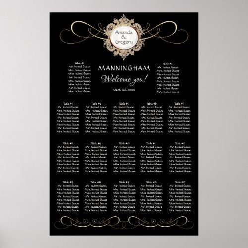 Simple Elegant Gold Swirl Black Wedding Seating Poster