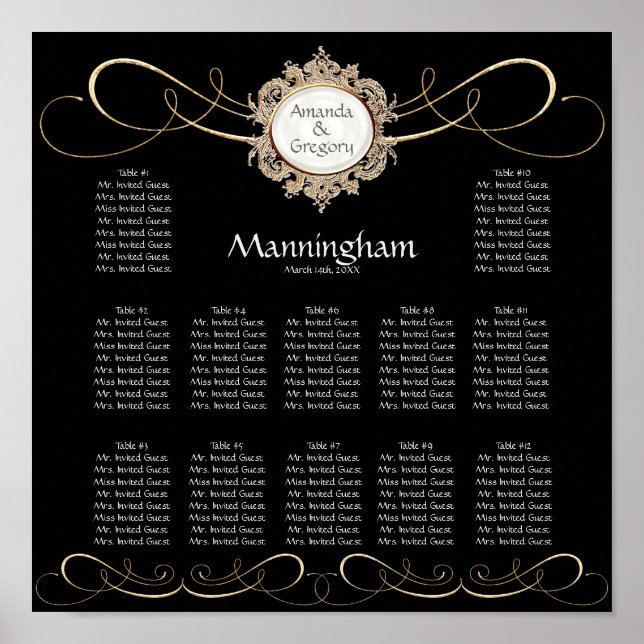 Simple Elegant Gold Swirl Black Wedding Seating Poster (Front)