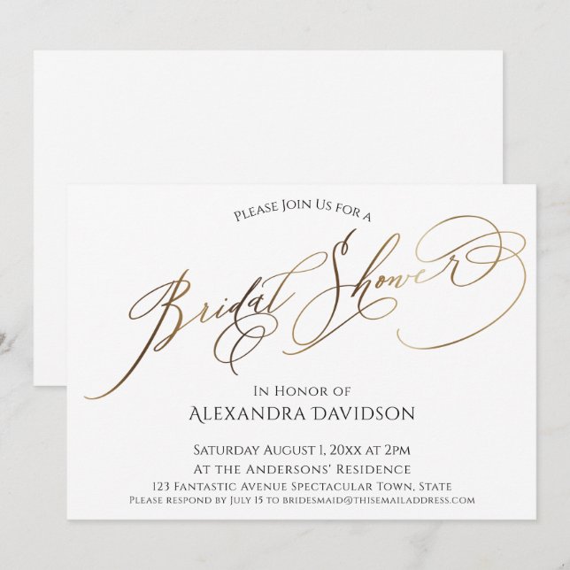 Simple Elegant Gold Typography Bridal Shower Invitation (Front/Back)