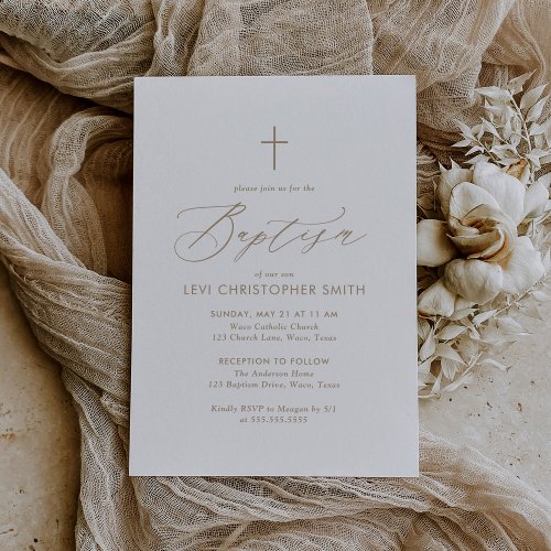Simple Elegant Gold Typography Cross Baptism Invitation