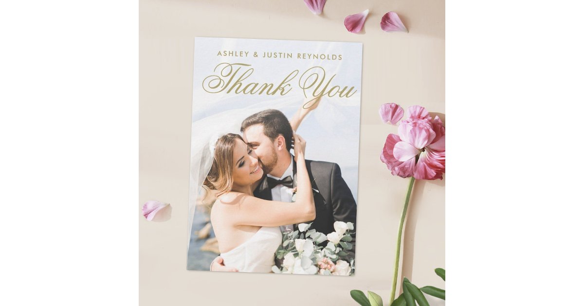 Simple Elegant Gold Typography Photo Wedding Thank You Card | Zazzle