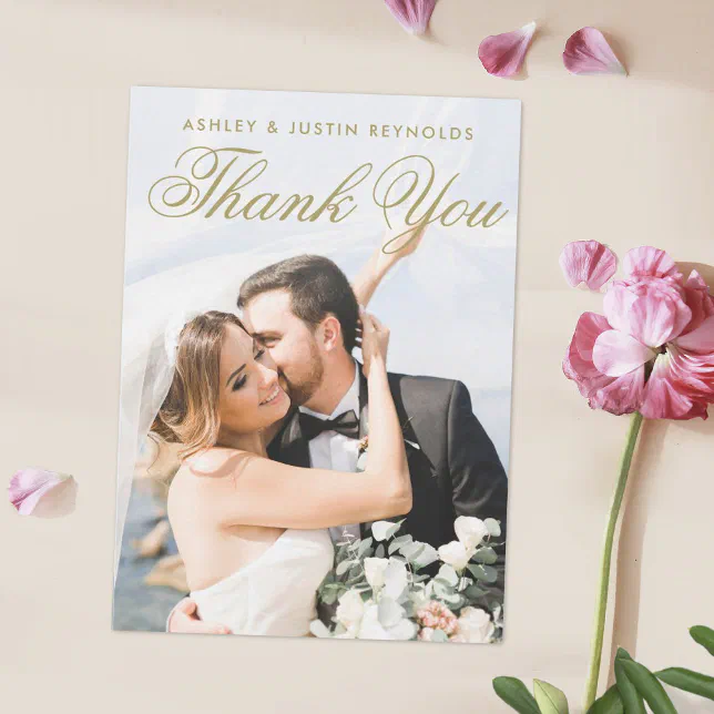 Simple Elegant Gold Typography Photo Wedding Thank You Card | Zazzle