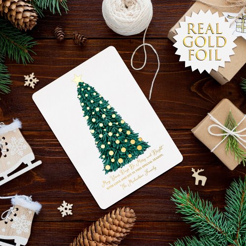Simple Elegant Gold White Christmas Tree Foil Holi Foil Holiday Card