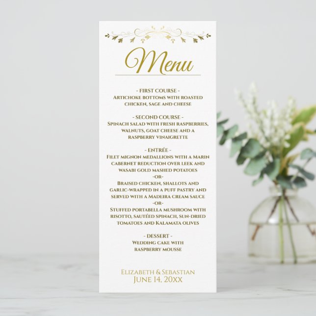Simple Elegant Gold & White Lacy Filigree Wedding Menu (Standing Front)