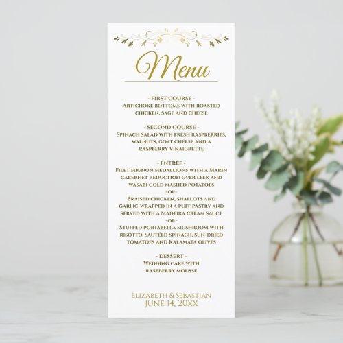 Simple Elegant Gold  White Lacy Filigree Wedding Menu