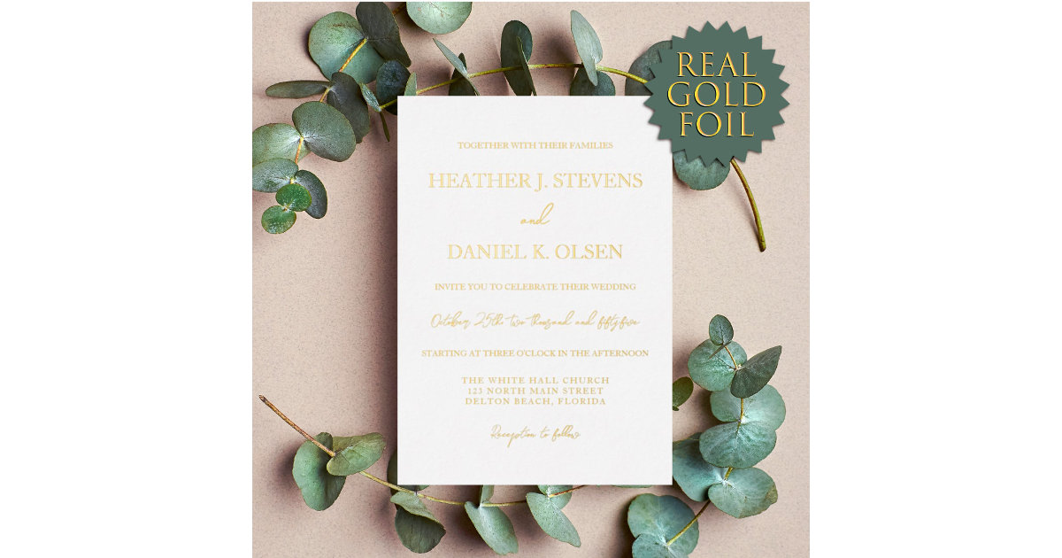 Simple Elegant Gold White Typography Wedding Foil Invitation | Zazzle