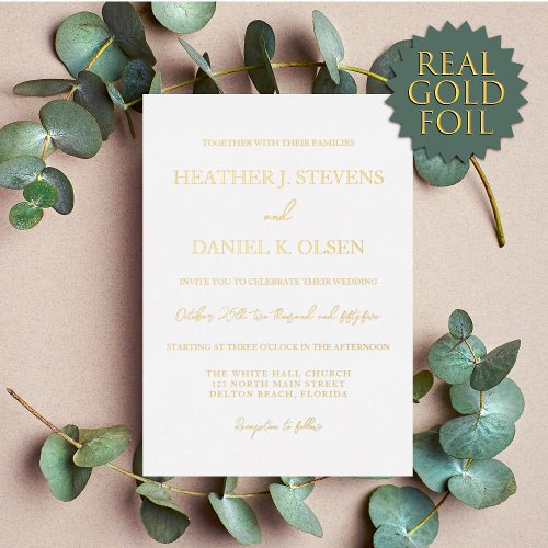Simple Elegant Gold White Typography Wedding Foil Invitation