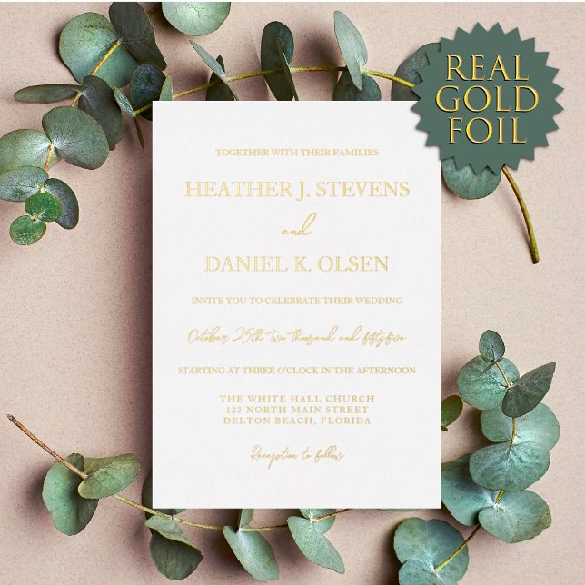 Simple Elegant Gold White Typography Wedding Foil Invitation (Creator Uploaded)