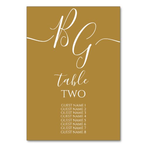 Simple Elegant Golden Initials Wedding Guest Names Table Number