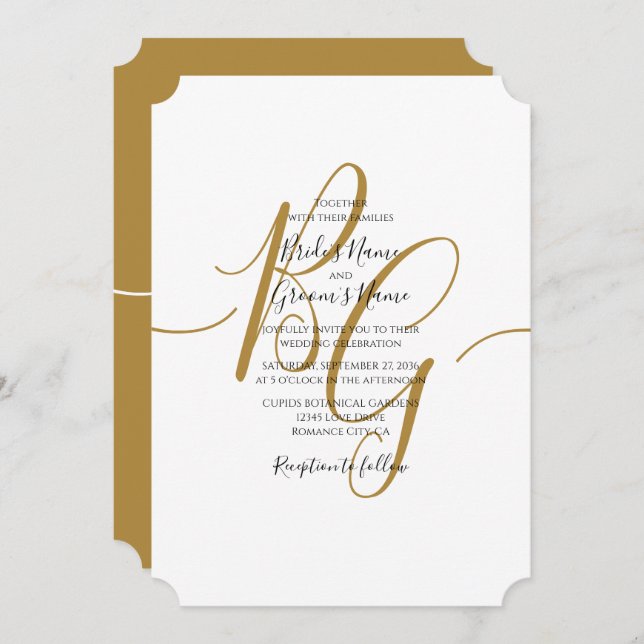 Simple Elegant Golden Initials Wedding Invitations (Front/Back)