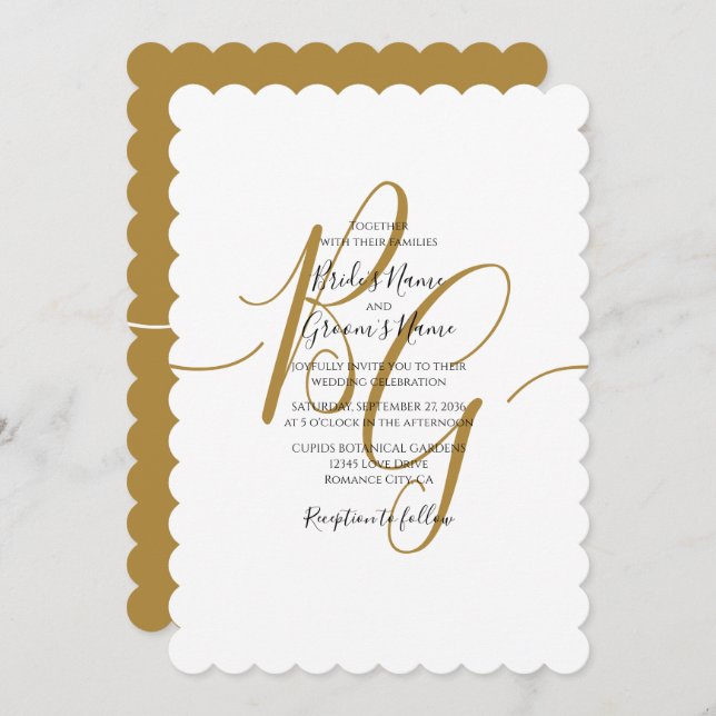 Simple Elegant Golden Initials Wedding Invitations (Front/Back)